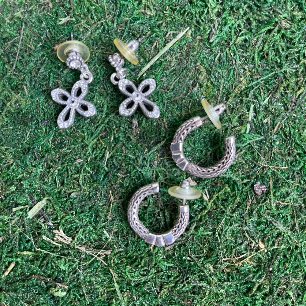 2 sets of Brighton Silver Earrings - Hoop with Rhinestone Accents + Crosses